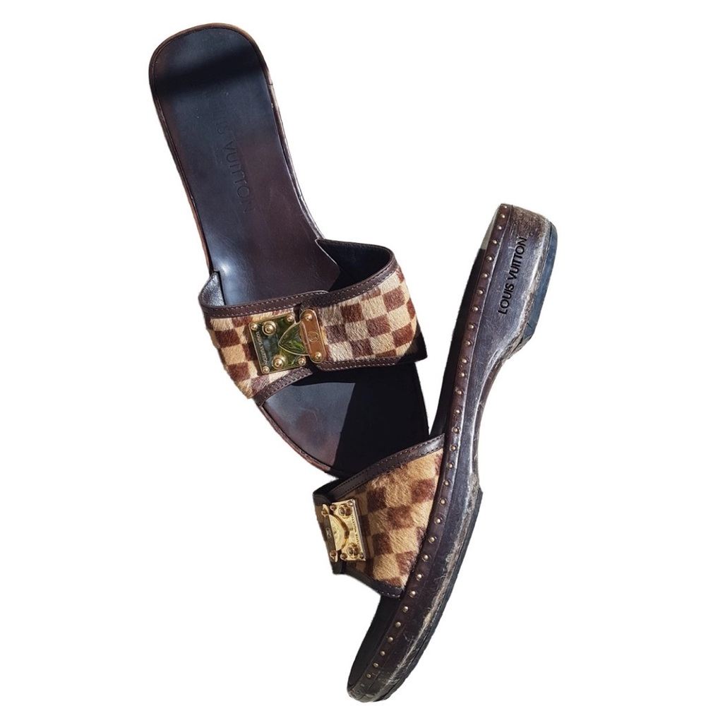 Louis Vuitton Brown Pony Hair Damier Slides with Gold Buckle
